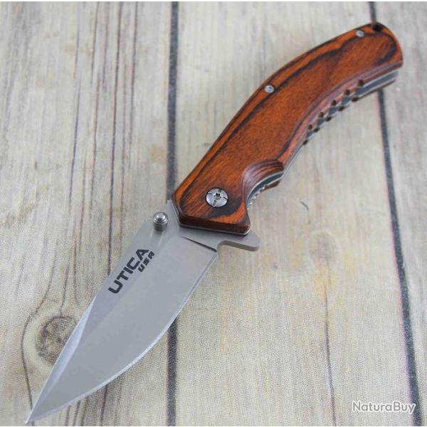 Couteau Utica Woodsman Lame Acier 8Cr13MoV Manche Bois Linerlock CLip UTK111045CP