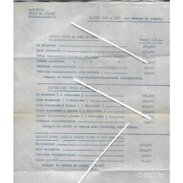 semaine de chasse tarifs 1959-1960 tchad , oubangui, ennedi, bongo canonne guide de chasse