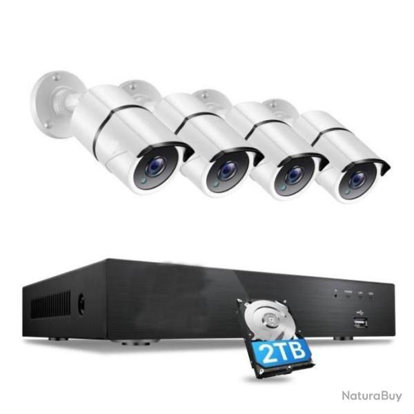 Kit vidosurveillance 4K - 4 camras + 8CH DVR + HDD 2 Tb - IP66 - LIVRAISON GRATUITE