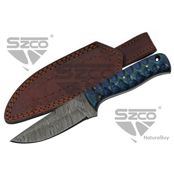 Couteau Damas Blue Exotic Hunter Lame 256 Couches Manche Bois Etui Cuir DM1290