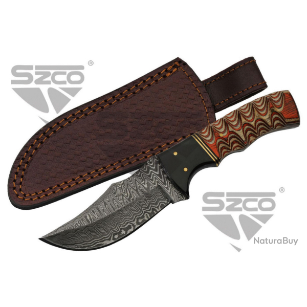 Couteau Damas Wood & Horn Hunter Lame 256 Couches Manche Bois Etui Cuir DM1289