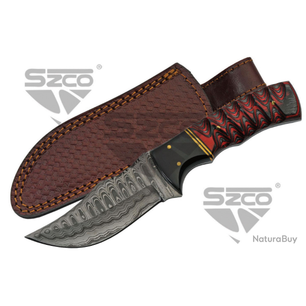 Couteau Damas Wood & Horn Hunter Lame 256 Couches Manche Bois Etui Cuir DM1288