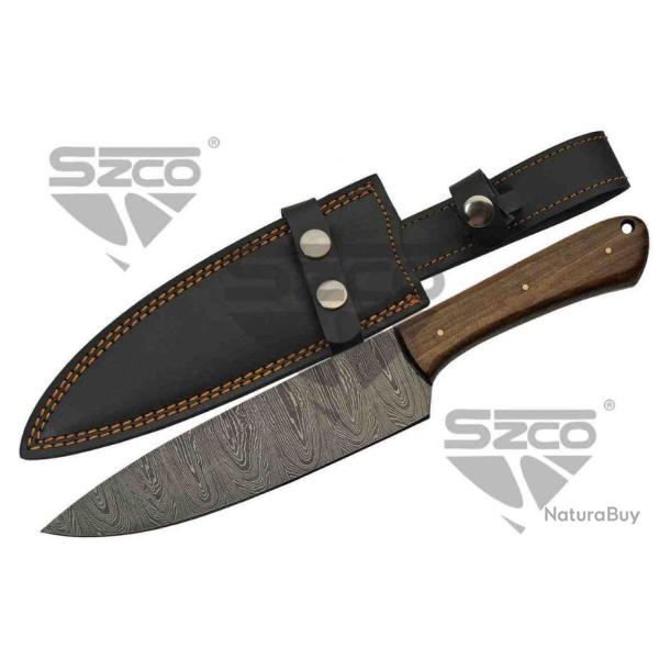 Couteau Damas Bushcraft & Cuisine Lame 256 Couches Manche Noyer Etui Cuir DM1279