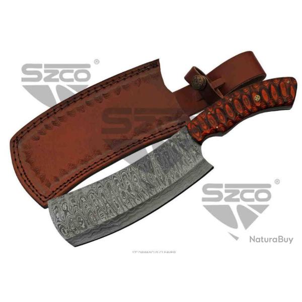 Couteau Couperet Damas Lame 256 Couches Manche Bois Etui Cuir DM1276