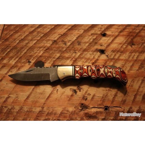 Couteau Damas Twisted Wood Lame 128 Couches Manche Bois Lockback Etui Cuir DM1285