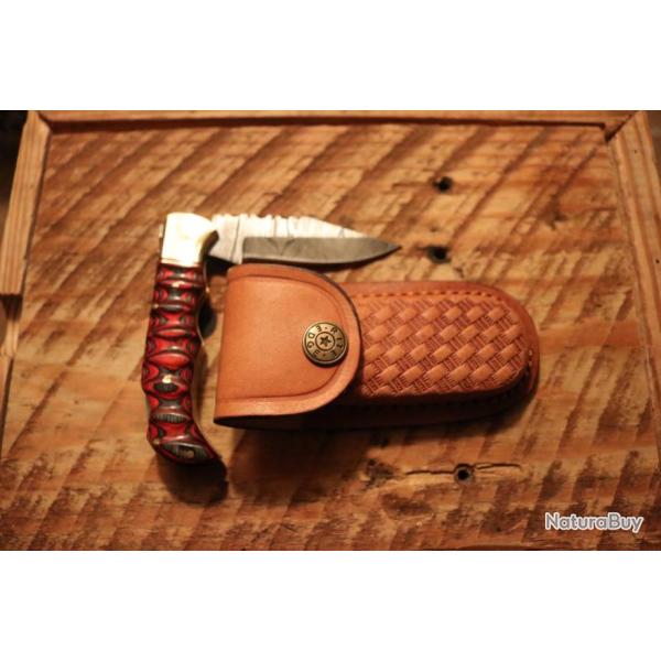 Couteau Damas Twisted Wood Lame 128 Couches Manche Bois Lockback Etui Cuir DM1284