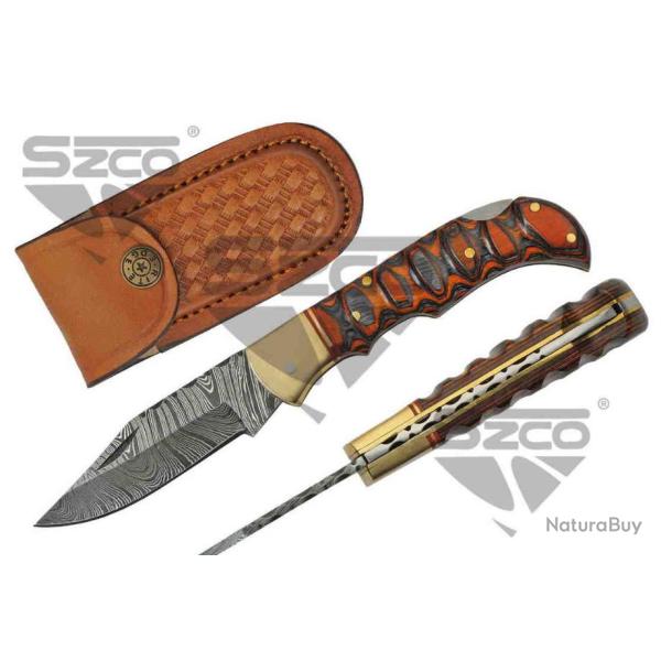 Couteau Damas Twisted Wood Lame 128 Couches Manche Bois Lockback Etui Cuir DM1286