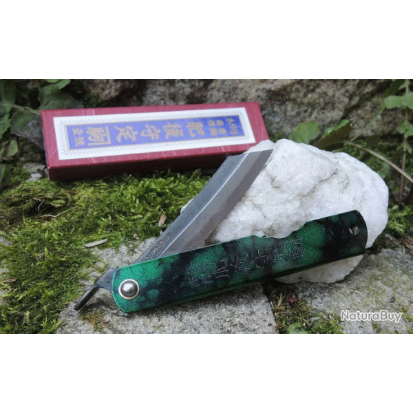 Couteau Higonokami Blue Paper Steel Jade Manche M�tal Made Japan HIGOCJB