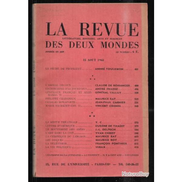 la revue des deux mondes 15 aout 1968 amiral decoux, charles bonaparte , g�n�raux fran�ais et allema