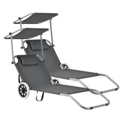 Lot de 2 transat avec brise-soleil et avec roulettes bain de soleil polyester et acier rev&ecirc;tu par p