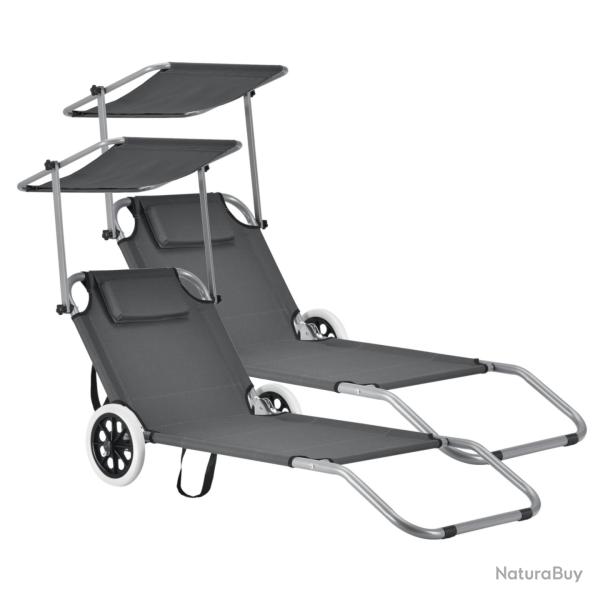 Lot de 2 transat avec brise-soleil et avec roulettes bain de soleil polyester et acier rev�tu par p