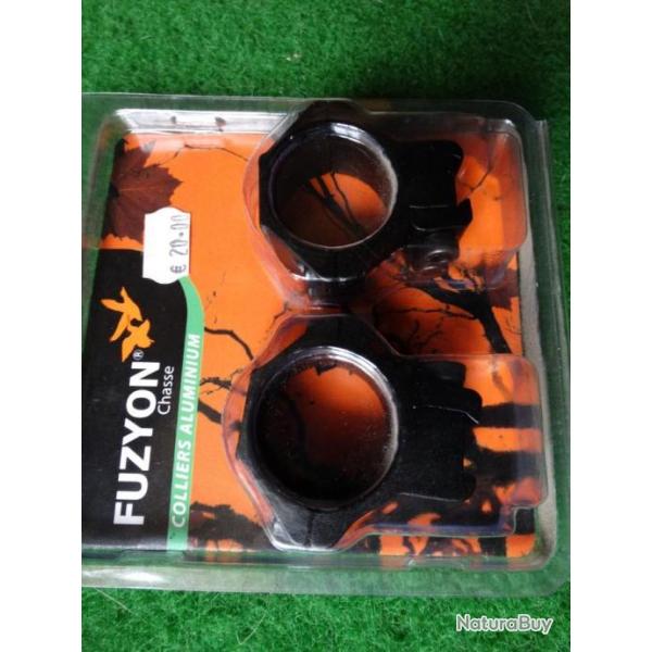 Colliers Alu. FUZYON 30mm, rail 11mm carabine 22LR et air comprim, moins 50% sur la deuxime paire.
