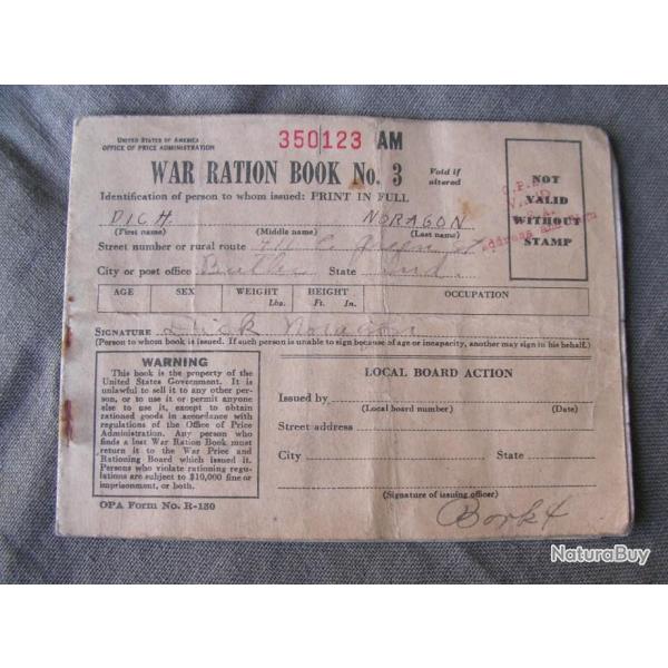 WW2 US CARNET DE RATIONNEMENT AM�RICAIN " WAR RATION BOOK THREE " PERSONNALIS� 1943 N�350123
