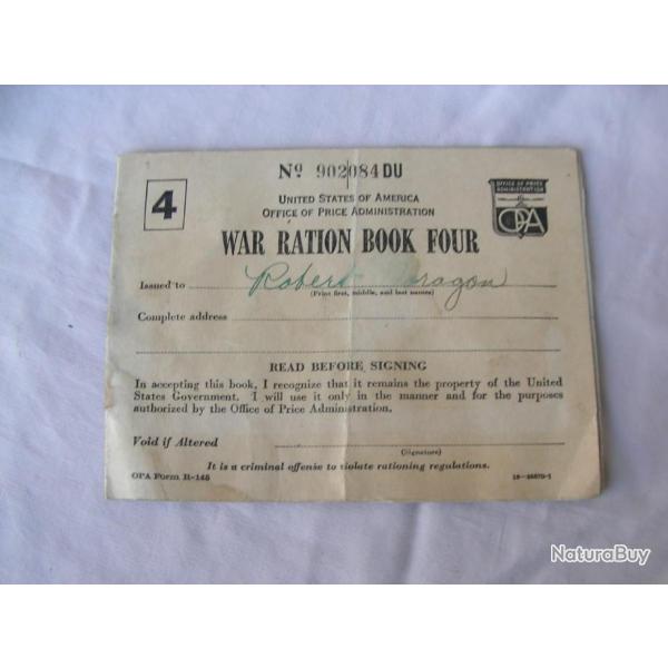 WW2 US CARNET DE RATIONNEMENT AM�RICAIN " WAR RATION BOOK FOUR " PERSONNALIS� 1943 N�902084