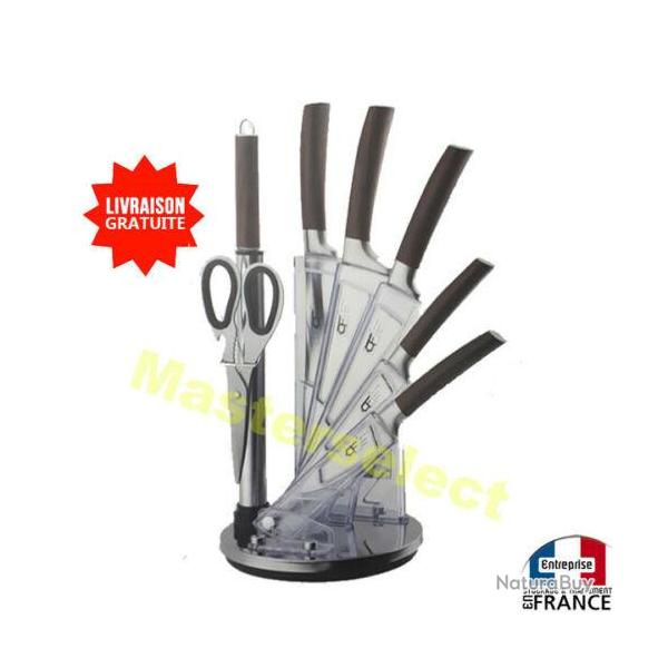 BLOC COUTEAUX DE COUPE DECOUPE POUR CUISINE LAME INOX CISEAUX 8Pcs AVEC SUPPORT ET MANCHE BOIS