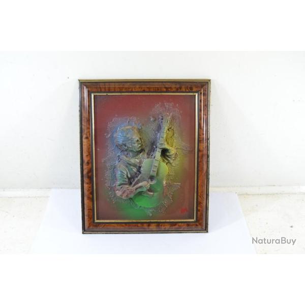 Tableau cadre artiste sign� vintage 1980 design kitch Georges Brassens brocante collection