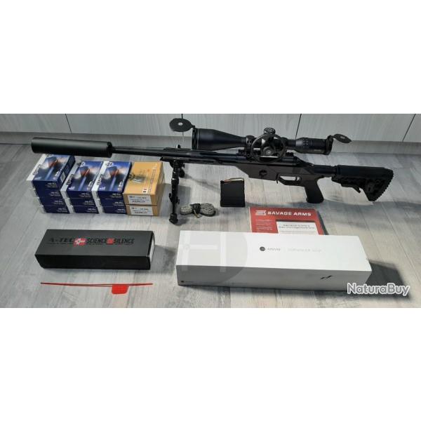 carabine Savage BA10 Stealth 308 Win + lunette Hawke + silencieux A-tec + Bipied UTG + munitions sub