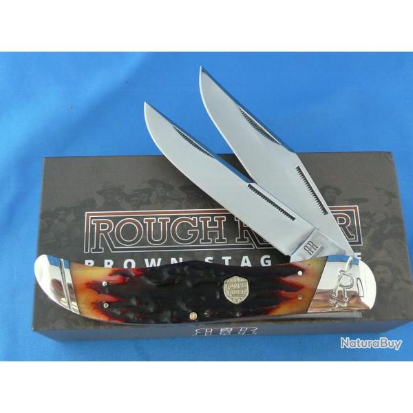 Couteau Rough Ryder Folding Hunter Brown Stag Bone Lames Acier 440 Manche Os Boite Collector RR1804