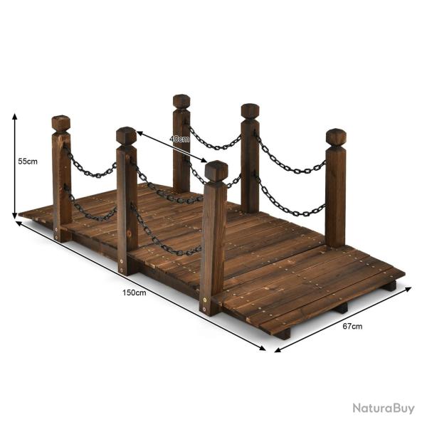 Pont de jardin classique en sapin carbonis avec chanes de scurit inox pour ruisseau jardin cour