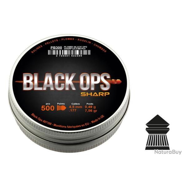 Bo�te de 500 plombs Black Ops Sharp � t�te pointue cal. 4.5 mm