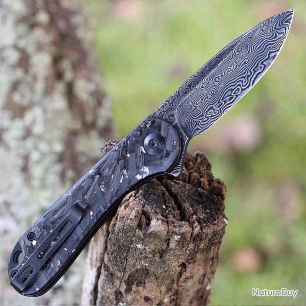 Couteau Civivi Elementum Damas Manche Argent/Fibre de Carbone IKBS Linerlock Clip CIVC907CDS2