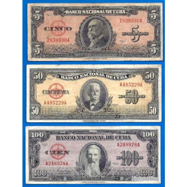 Lot Billet Cuba 5 50 100 Pesos 1950 Peso Centavos Billets Caraibe Amerique