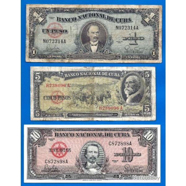 Lot Cuba 1 5 10 20 50 100 Pesos 1958 1959 1960 Peso Centavos Billets Caraibe Amerique
