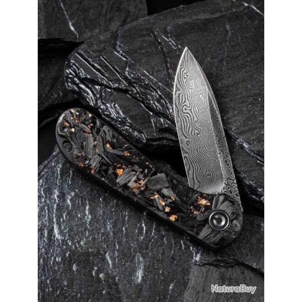 Couteau Civivi Elementum Damas Manche Gold/Fibre de Carbone IKBS Linerlock Clip CIVC907CDS1