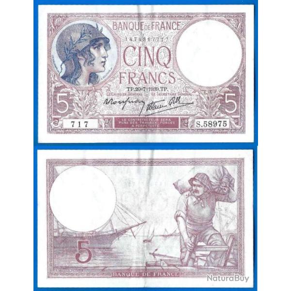 France 5 Francs 1939 20 Juillet Violet Billet Franc Frcs Frc Frs