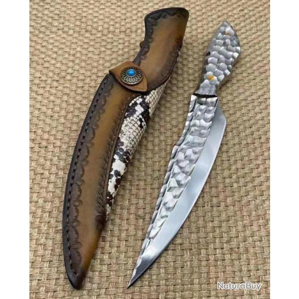 Couteau de chasse � lame fixe en acier 10Cr15Mov de haute qualit� - Etui Cuir et serpent