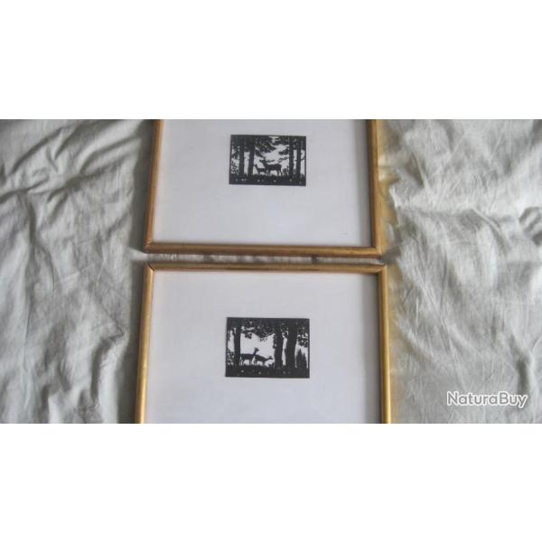 2 petits cadres cerf-biche-faon ( canivets origine de la for�t Noire)