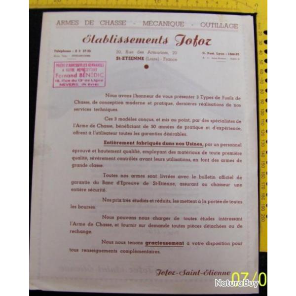 DOCUMENTS POUR ARMURIERS ANNES 1950 DES ETS "JOFOR" A ST ETIENNE - 20 , RUE DES ARMURIERS.