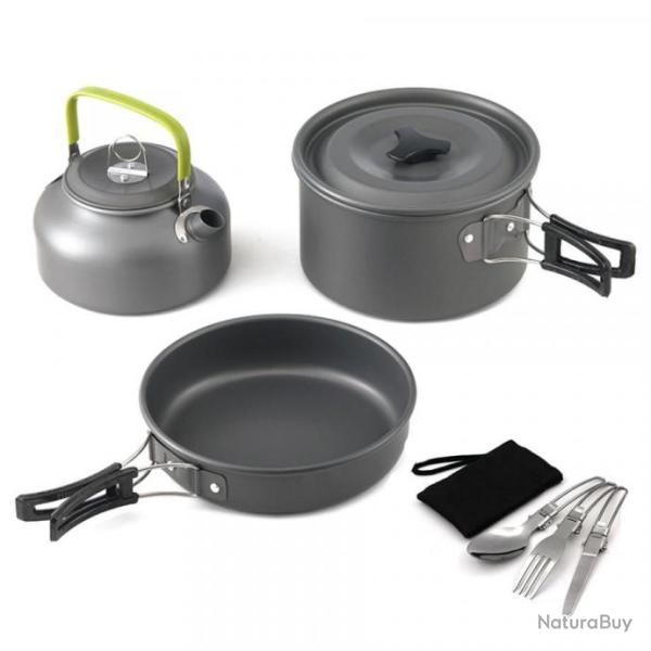 PROMOTION !! Ensemble de cuisine pour le camping, bouilloire, casserole, po�le + 3 couverts