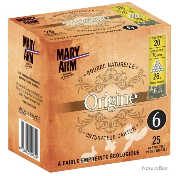 BTE 25 CART. PLOMB NICKEL� MARY ARM ORIGINE CAL. 20 / 70 MM N� 6 26G BOURRE NATURELLE