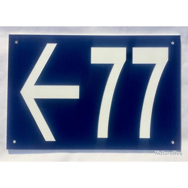 plaque num�ro de maison, de rue personnalis� + fl�che � gauche format 100 x 150 mm fond BLEU
