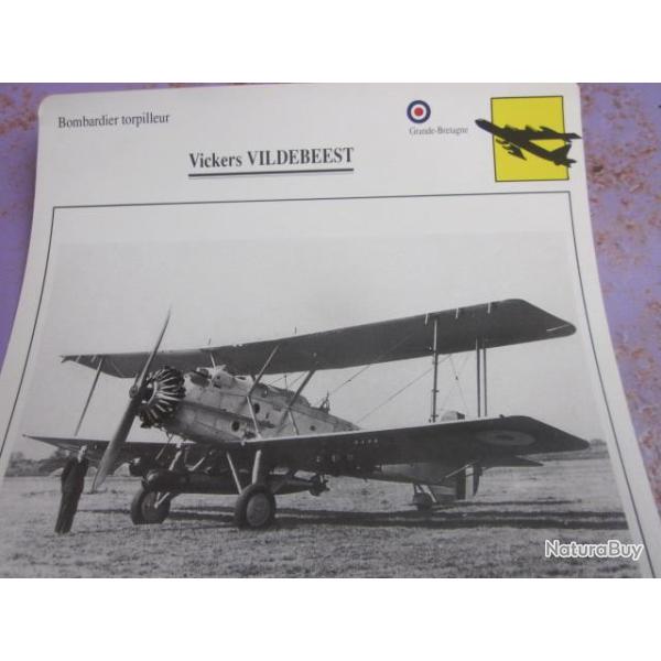 FICHE  AVIATION  TYPE BOMBARDIER  TORPILLEUR     /   VICKERS  VILDEBEEST  G BRETAGNE