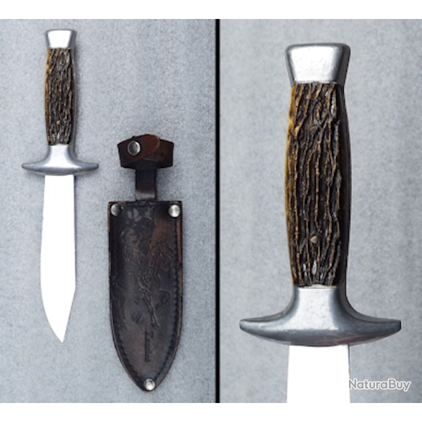 SUPERBE & TRES BEAU COUTEAU DE CHASSE, AVEC FOURREAU CUIR D�COR�, '' INOX '', ORIGINAL
