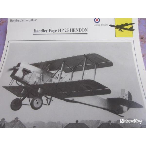 FICHE  AVIATION  TYPE BOMBARDIER  TORPILLEUR     /   handley  page hp 25  hendon : g bretagne