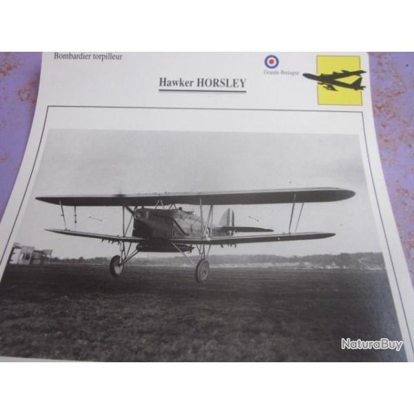 FICHE  AVIATION  TYPE BOMBARDIER  TORPILLEUR     /   hawker horsley  G BRETAGNE