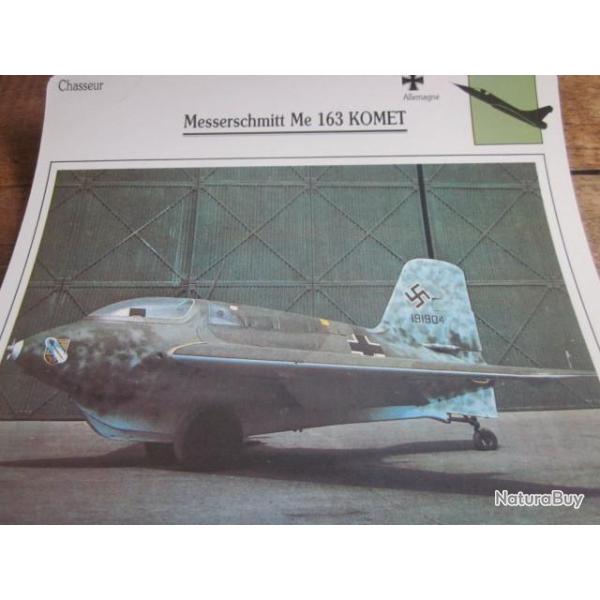 FICHE  AVIATION  TYPE  CHASSEUR   /   MESSERSCHMITT  ME  163  KOMET   ALLEMAGNE