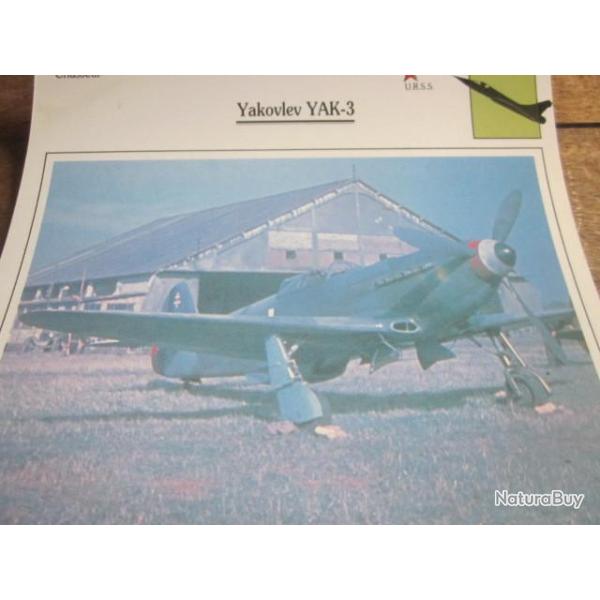 FICHE  AVIATION  TYPE  CHASSEUR   /   YAKOVLEV  YAK 3  URSS