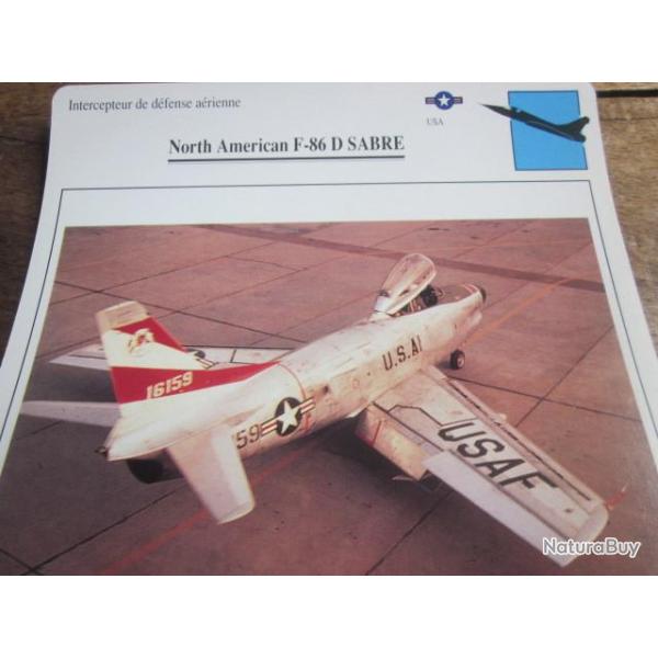 FICHE  AVIATION  TYPE  CHASSEUR  INTERCEPTEUR  DEFENSE AERIENNE  /  NORTH AMERICAN F 86 D SABRE  USA