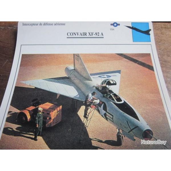 FICHE  AVIATION  TYPE  CHASSEUR  INTERCEPTEUR  DEFENSE AERIENNE  /  CONVAIR XF 92 A  USA