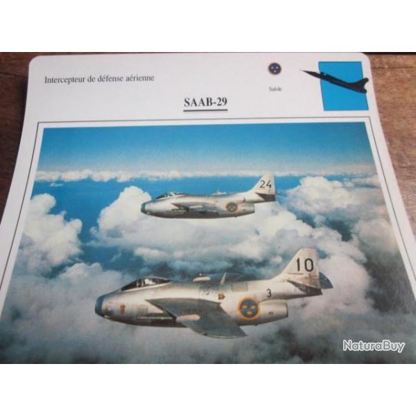FICHE  AVIATION  TYPE  CHASSEUR  INTERCEPTEUR  DEFENSE AERIENNE  /   SAAB  29  SUEDE