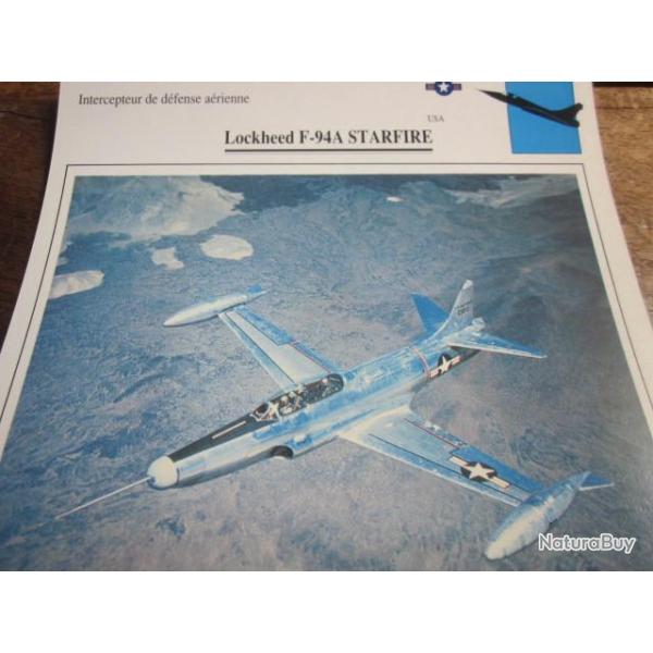 FICHE  AVIATION  TYPE  CHASSEUR  INTERCEPTEUR  DEFENSE AERIENNE  /  LOCKHEED F 94A STARFIRE  USA