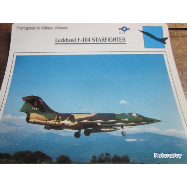 FICHE  AVIATION  TYPE  CHASSEUR  INTERCEPTEUR  DEFENSE AERIENNE  /  LOCKHEED F 104  STARFIGHTER  USA