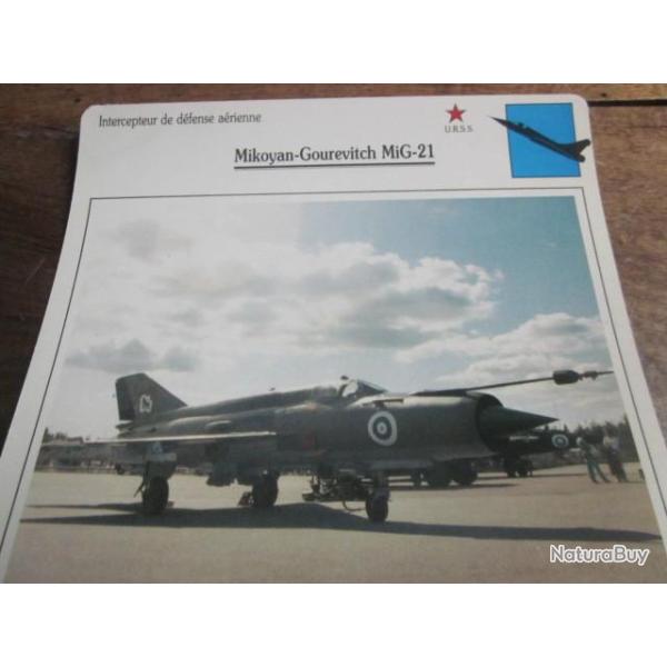FICHE  AVIATION  TYPE  CHASSEUR  INTERCEPTEUR  DEFENSE AERIENNE  /  MIKOYAN GOUREVITCH MIG 21 URSS