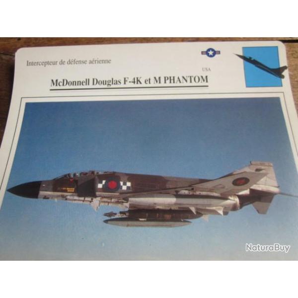 FICHE  AVIATION  TYPE  CHASSEUR  INTERCEPTEUR  DEFENSE AERIENNE  / Mc DONNELL DOUGLAS  F4K PHANTOM
