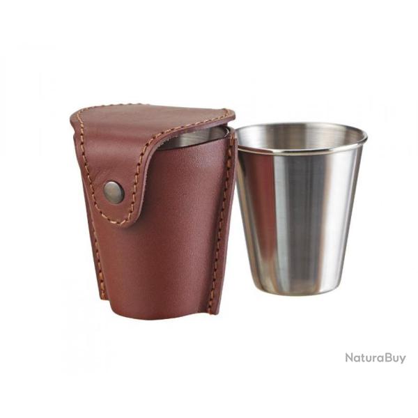 Etui cuir contenant 4 gobelets en acier ALEXANDRE MAREUIL