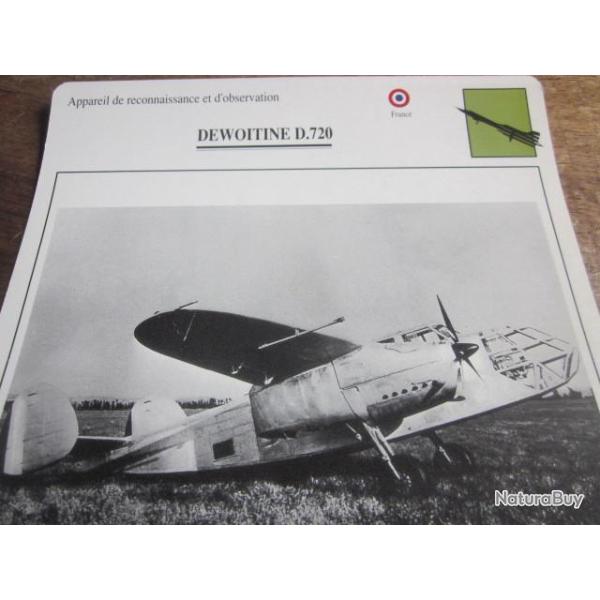 FICHE  AVIATION  TYPE APPAREIL DE RECONNAISSANCE  /  DEWOITINE D 720  FRANCE